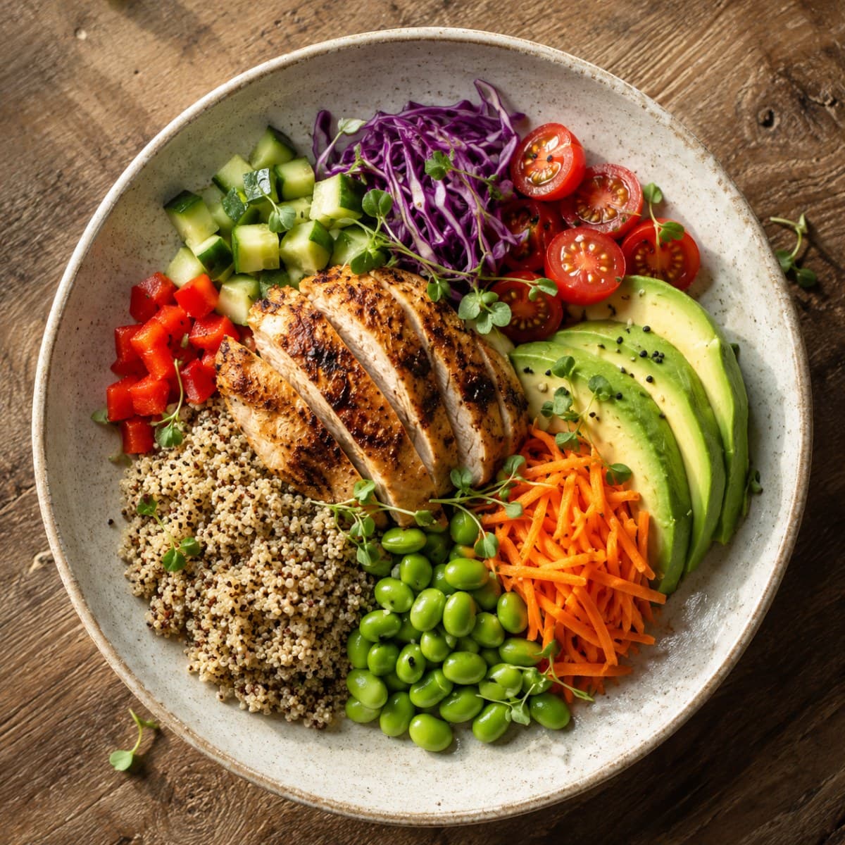 Proteinreiche Bowl mit Hähnchen, Quinoa, Avocado und frischem Gemüse
